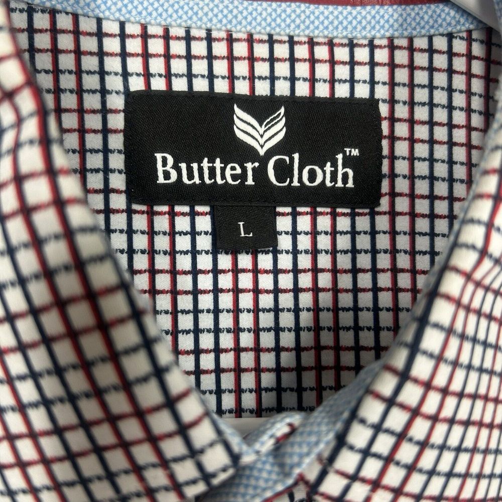 Butter Cloth Shirt Mens Large White Blue red Checked Button Up‎ Geometric Preppy - Picture 7 of 14